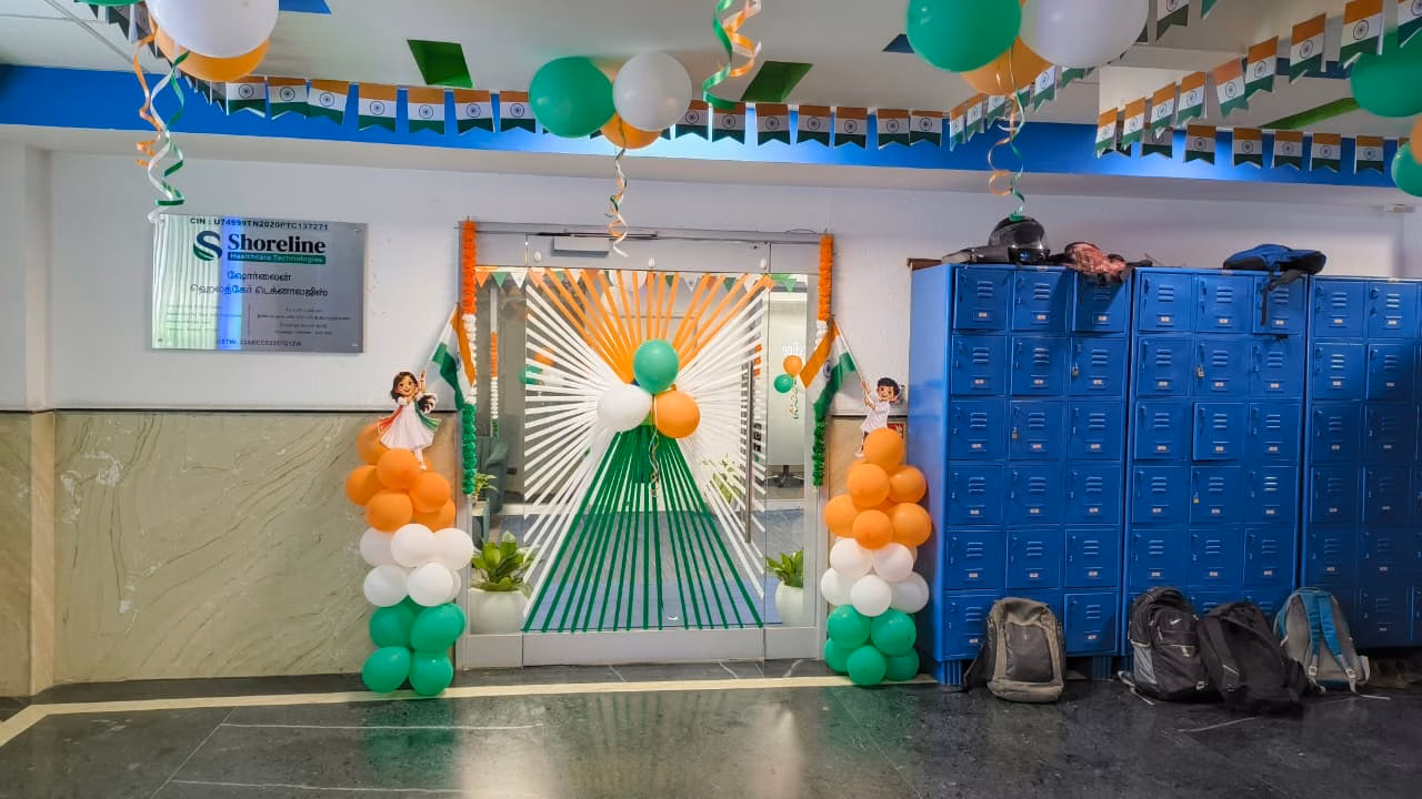 Independence Day Decorated Office Entrance with Tricolor Balloons and Ribbons