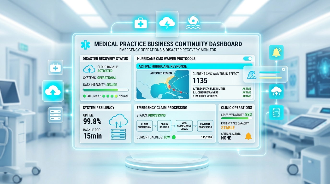 Medical practice business continuity dashboard and hurricane emergency CMS waiver protocol monitor