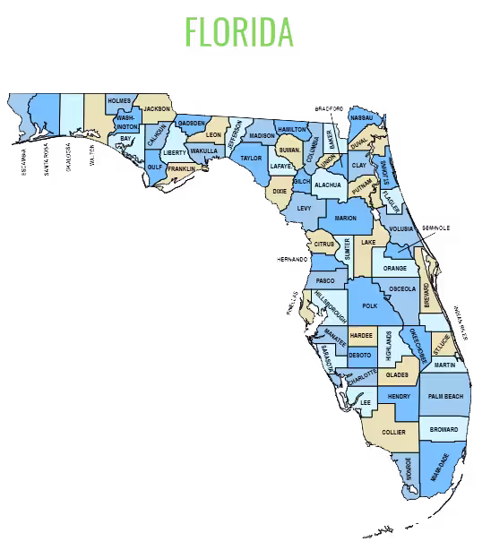 Map of 67 healthcare coverage counties in Florida